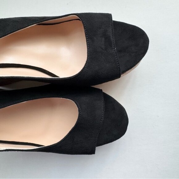 Size 9.5 Black Suede Women Peep Toe Slingback Platform Wedge Sandals High Heel - Picture 7 of 13
